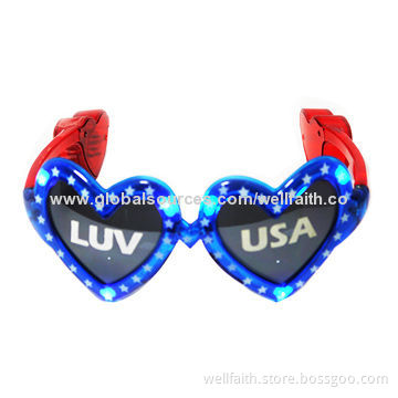 USA Flag Heart-shaped Flashing Novelty Sunglasses for Party, with CE, RoHS Marks, 15*7.5*21cm Size